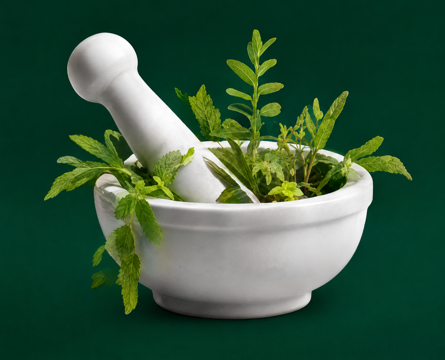 Ayurvedic herbs in a mortar and pestle